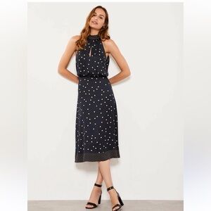 Mint Velvet satin navy spot Polka Dot Halter midi dress A line any occasion NWT